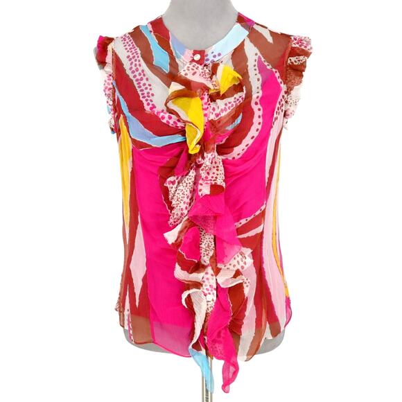 Diane Von Furstenberg Top Womens 10 Pink Yellow Silk Blouse Chiffon Ruffle Front - Picture 1 of 16